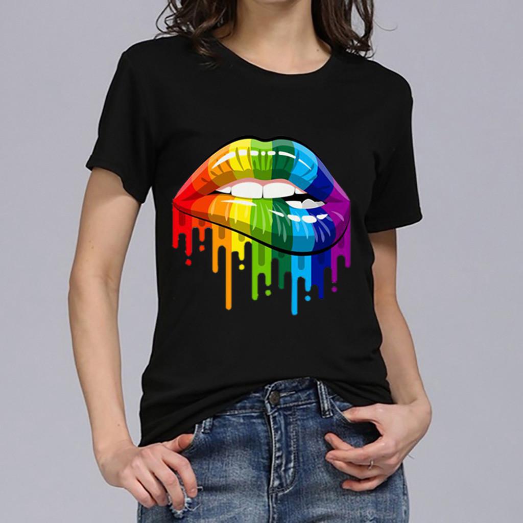 Women Plus Size Lips Gesture Print Short Sleeve T-Shirt Tops