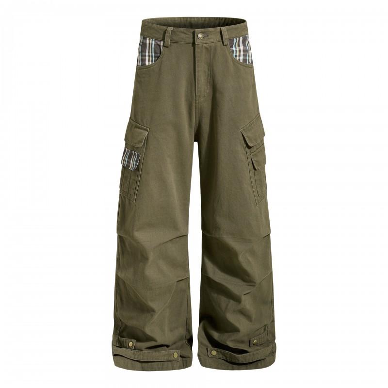 Mens Womens Vintage Americana Cargo Pants With Plaid Patchwork Loose Fit Wide Leg Casual Trousers