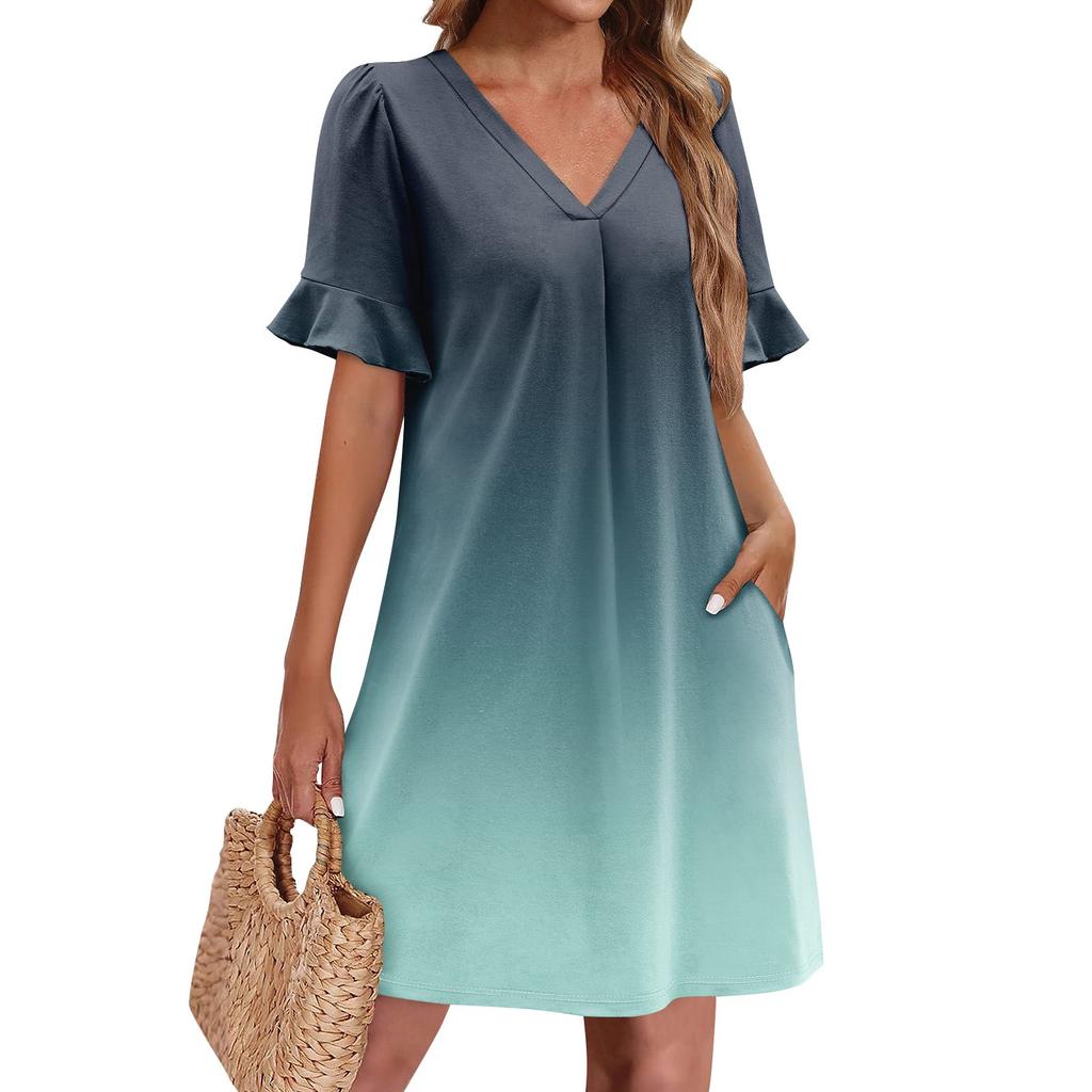 Летние платья для женщин с V-образным вырезом, оборками и коротким рукавом, повседневное свободное платье с принтом, пляжное платье с карманами