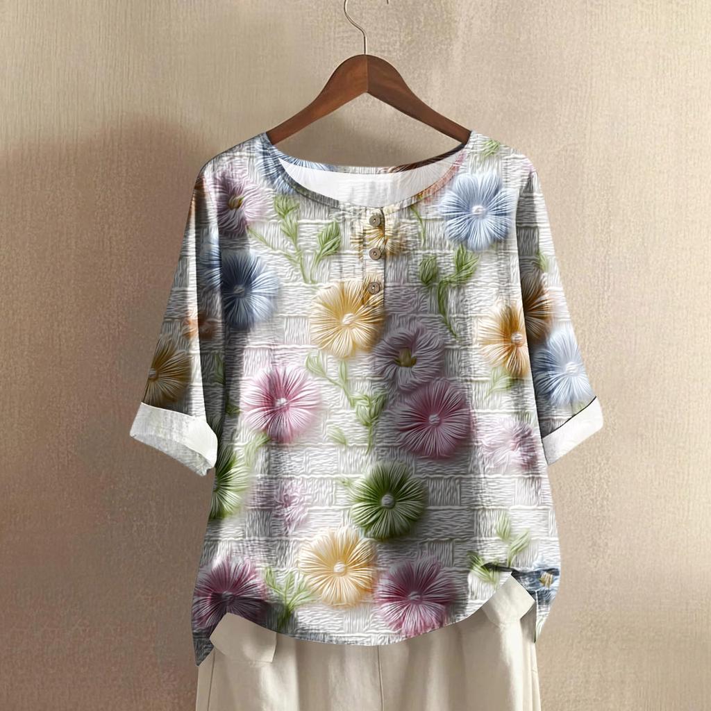 Женская модная и повседневная рубашка с полурукавом, круглым вырезом, принтом, из хлопка и льна, блузка-топ