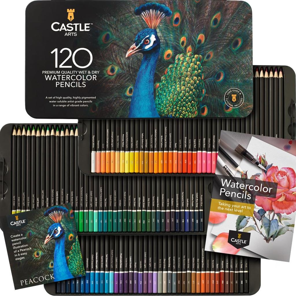 Набор акварельных карандашей Castle Art Surprise из 120 ярких пигментов Рисуйте и раскрашивайте одновременно Для взрослых художников и профессионалов Поставляется в