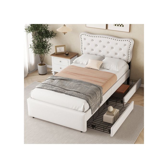 Lit - MUVOE - 90x200 cm - Beige clair - Rembourré avec tiroirs - Design élégant