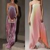 Женское strapless плиссированное макси-платье однотонное фиолетовое с градиентом желтый-розовый-оранжевый