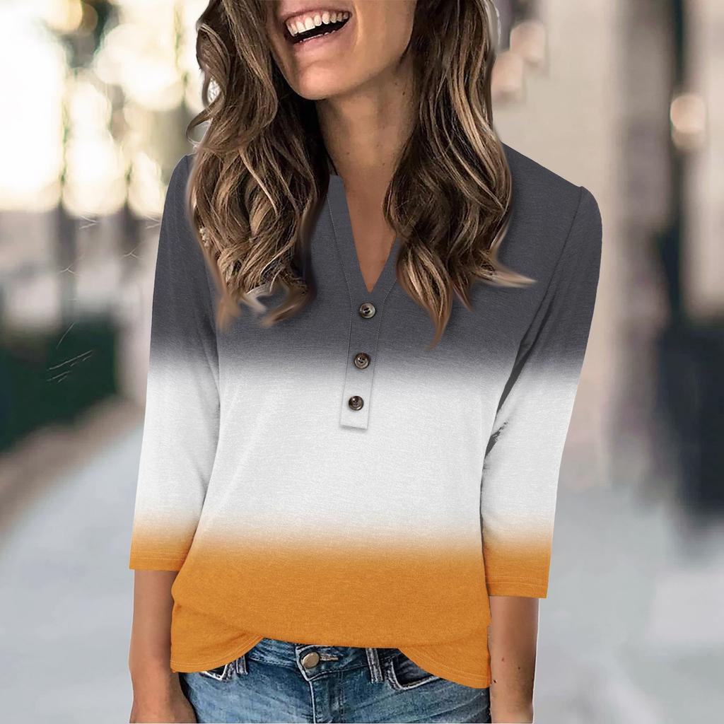 Women's Fashion Casual Retro Gradient Print V-neck Seven-quarter Sleeve Button Up T-shirt Top