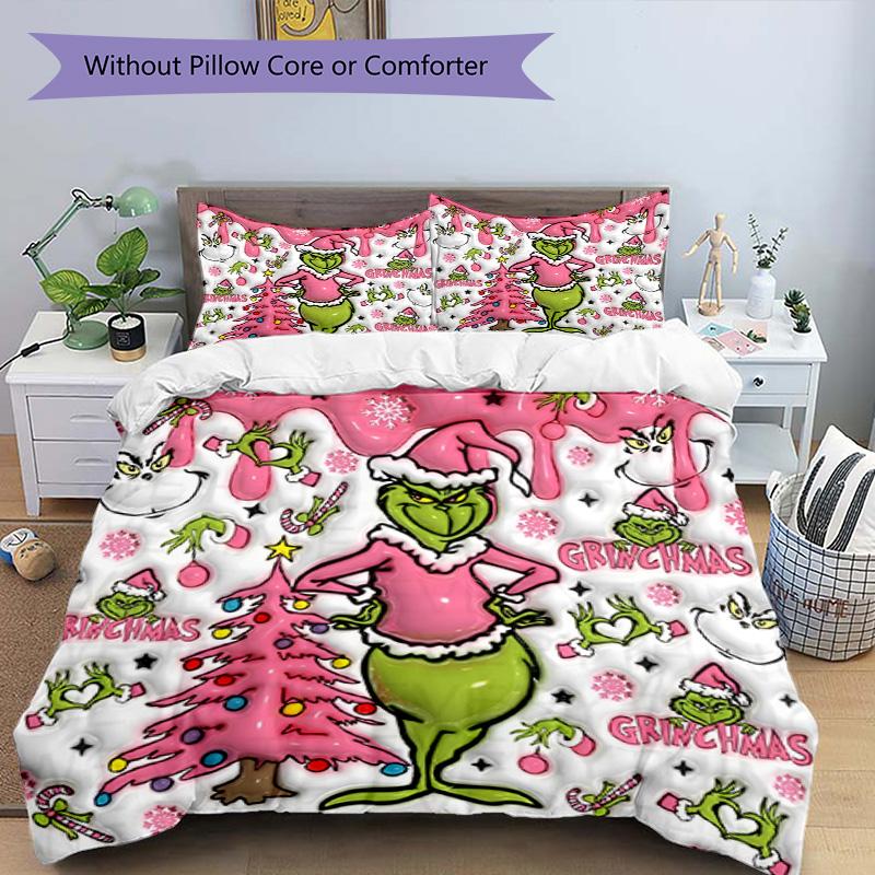3pcs Duvet Cover Set (1*Duvet Cover + 2*Pillowcase, Without Core), The Grinch Print Bedding Set, Bedroom Decor, All‑Season, Birthday Gift