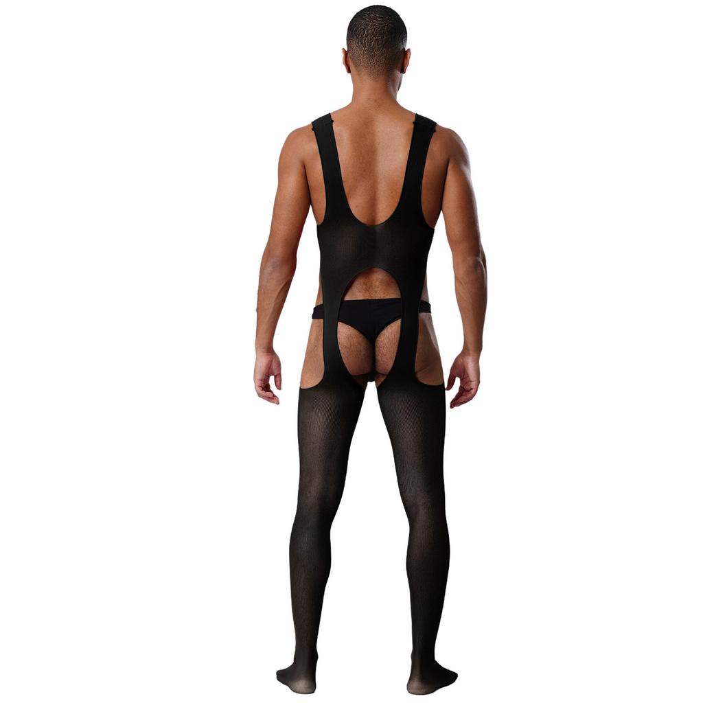 Mens See Through Sheer Jumpsuit Sleeveless Hollow Out Opening Crotch Bodysuit