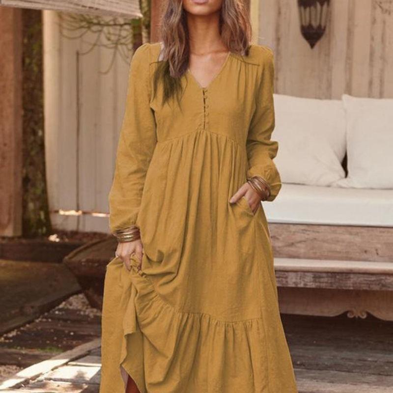 Весенне-осеннее платье из хлопка и конопли, в стиле ретро, повседневное, с длинным рукавом