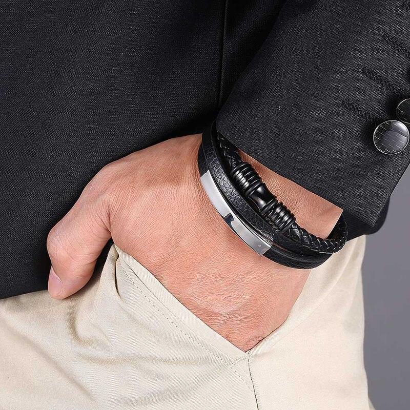 Fashion Stainless Steel Charm Men Bracelet Clasp Braided Mutilayer Leather Wrapping Punk Bangles Man Jewelry BB0999