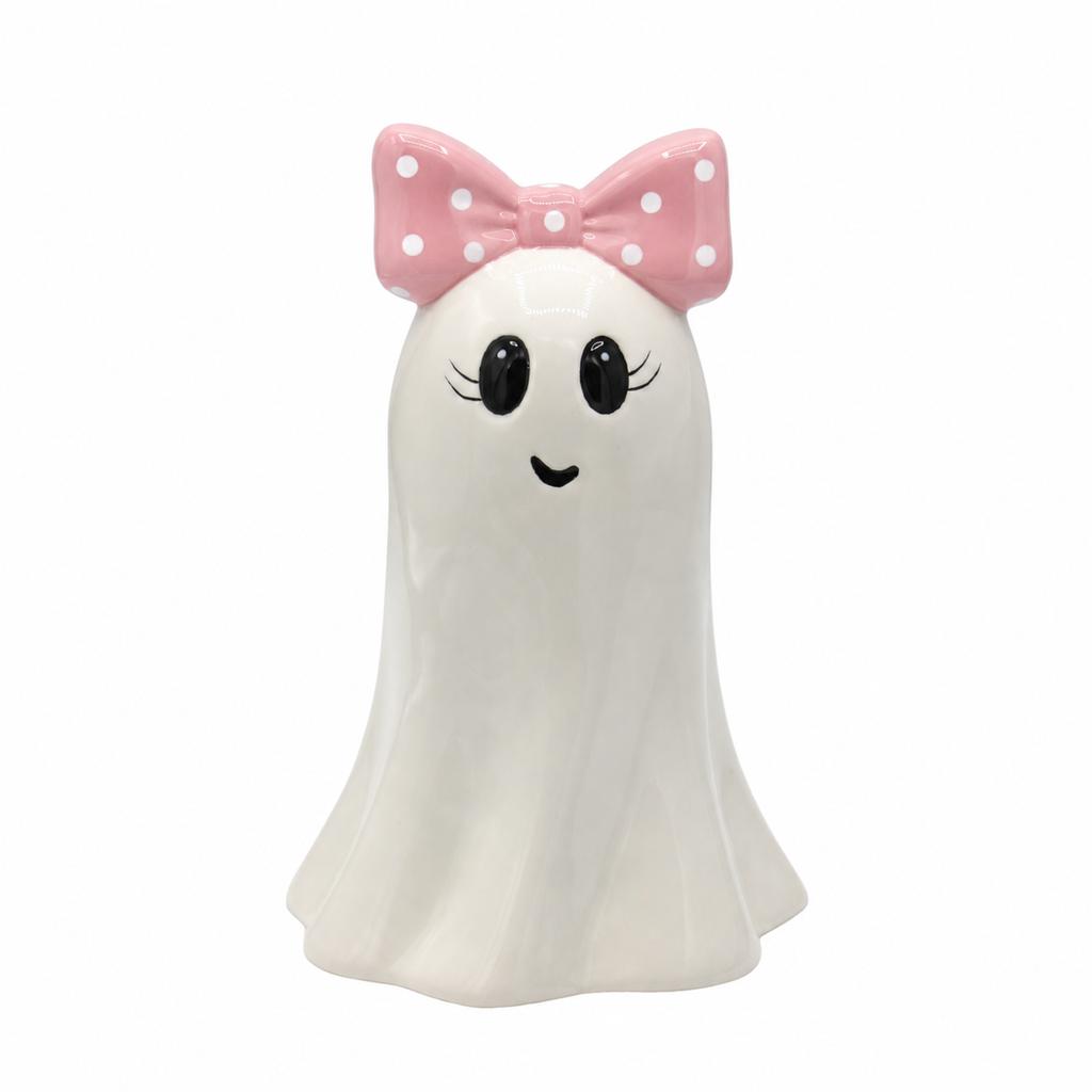 Ceramic Halloween Ghost Figurine with Pink Bow 11x10.8x16.6