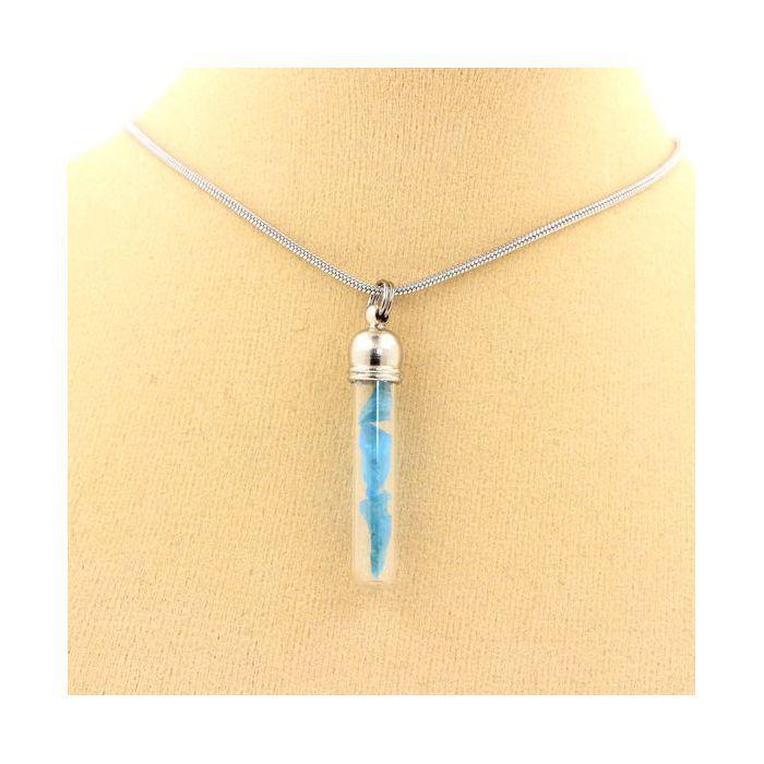 Stones and Minerals. Raw Neon Blue Apatite Necklace. Tube Model. Color Silver.
