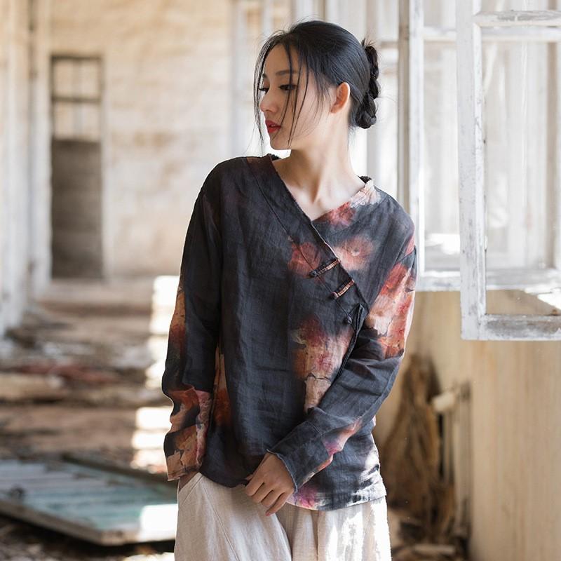 Johnature Women Chinese Style Shirts Tops V-Neck Long Sleeve Spring Print Floral Blouses Women Vintage Ramie Shirt