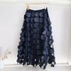 Qooth Women 3D Design Polka Dot Tulle Mesh Skirt Vintage Elastic Waist Long A-line Tutu Skirt QT2176