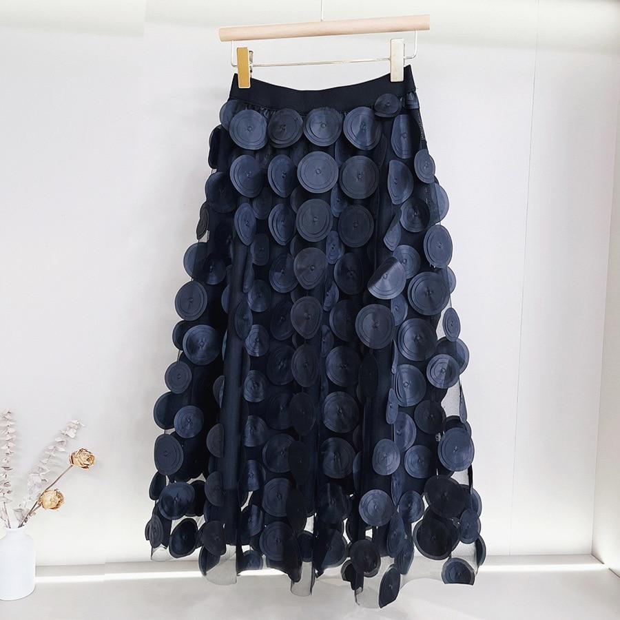 Qooth Women 3D Design Polka Dot Tulle Mesh Skirt Vintage Elastic Waist Long A-line Tutu Skirt QT2176