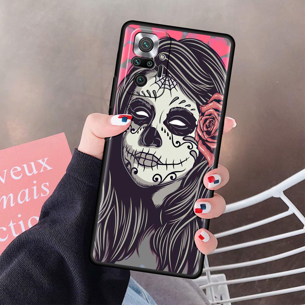 Fitted Soft Case For Xiaomi Redmi Note 9S 9 10 8 Pro 9A 13 12 12S 12C 10C 9i Capa Tpu Mexican Catrina Skull Girl Phone Cover