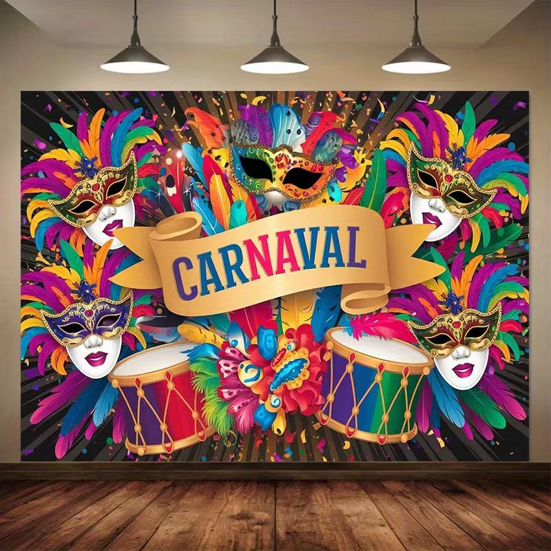 2D Carnaval Mardi Gras Backdrop Colorful Feather Mask Party Background Cloth