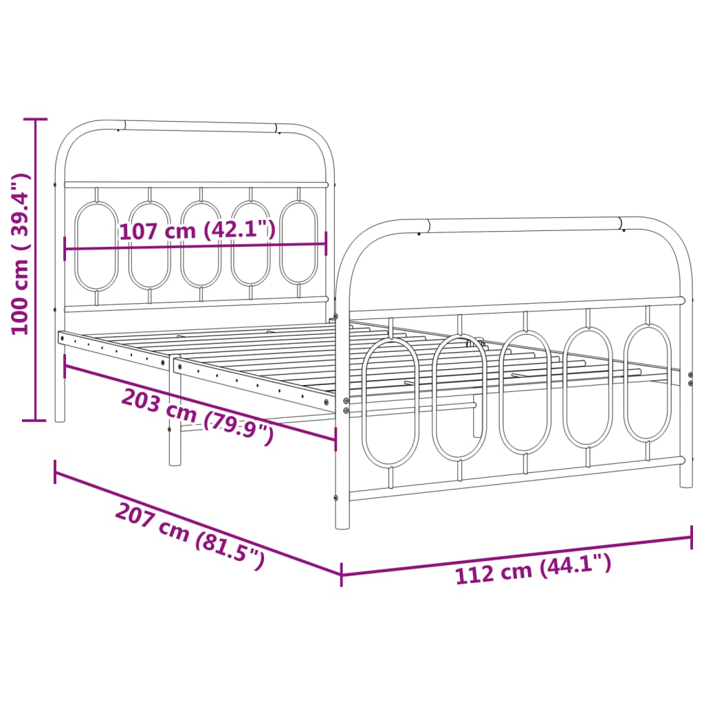 Metal Bed Frame with Headboard and Footboard Black 107 x 203 cm