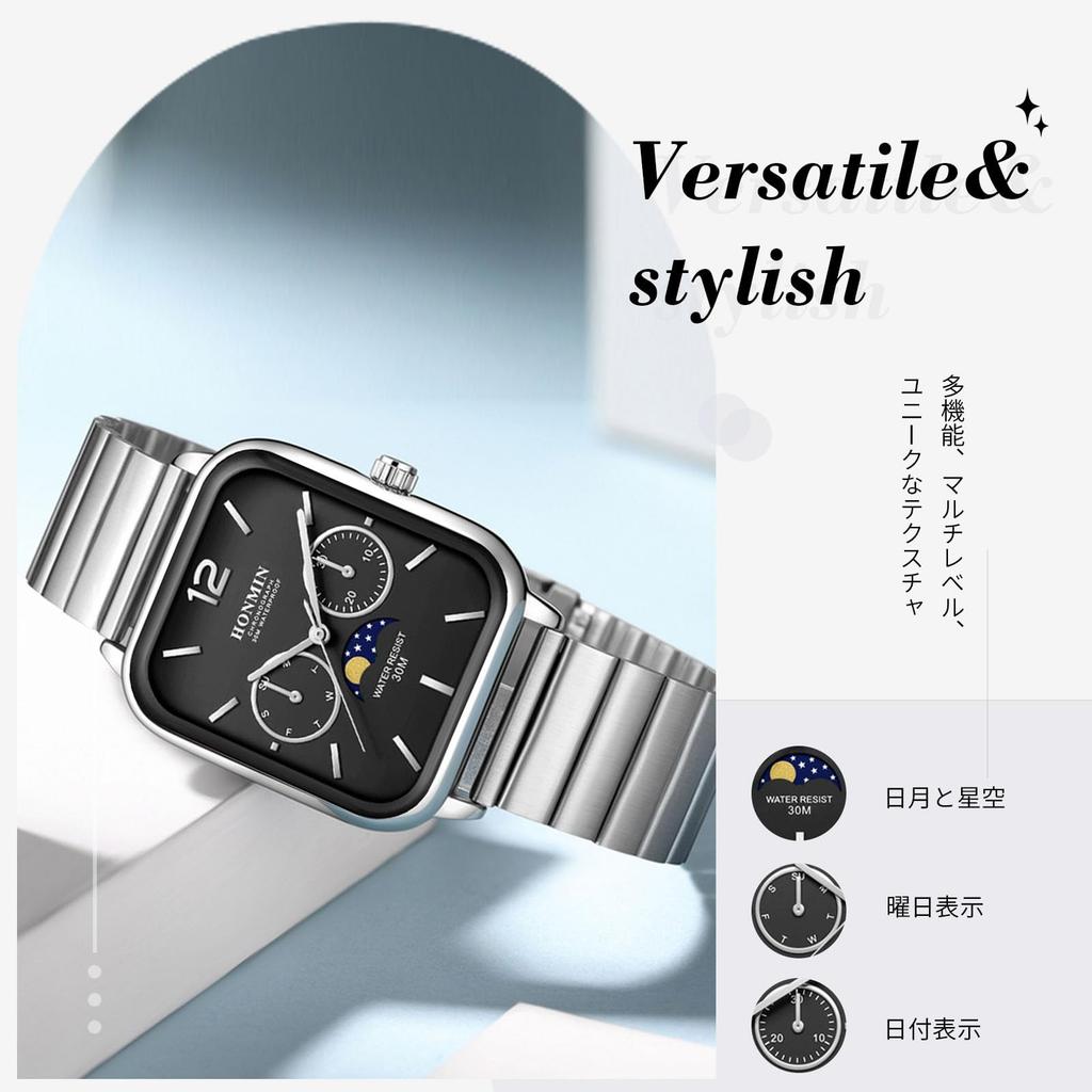 RORIOS Мужские квадратные аналоговые часы с индикацией Солнца, Луны и Звезд, индикацией даты и дня недели, водонепроницаемые, многофункциональные часы с браслетом из нержавеющей стали,