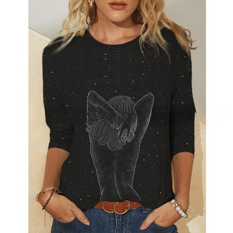 Round Neck Printed Long Sleeved Fashion Casual Top T-shirt for Women Shirt