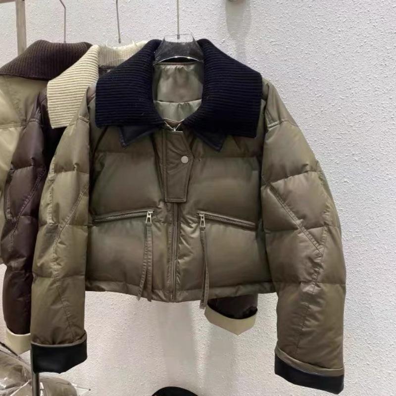 Knitted double-layer collar white duck down jacket women's short new loose PU leather leave-in winter coat