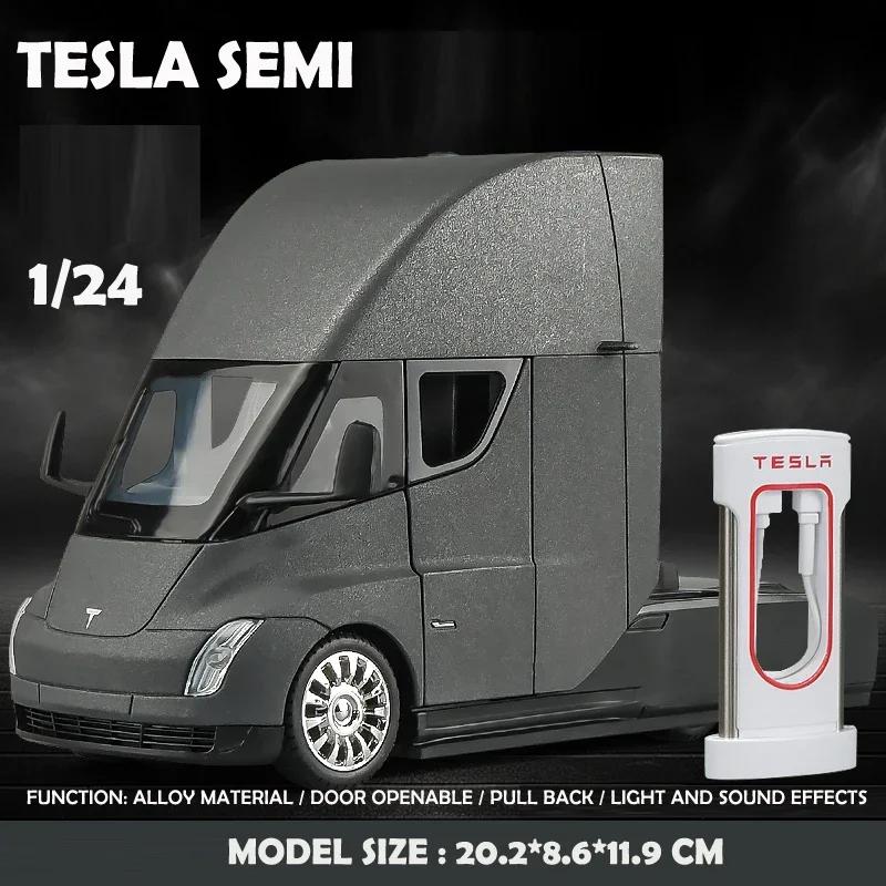 1/24 Scale Tesla Semi Truck Trailer Metal Alloy Diecast Truck Trailer Model Sound & Light Collection Car Model Toy Gift with Boys C325
