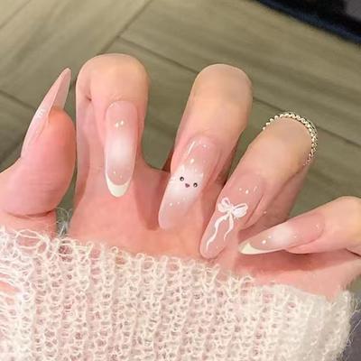 24 шт. французских ногтей средней и длинной крестообразной формы с милым кошачьим белым темпераментом, миндалевидные ногти 24 шт. носимых ногтей
