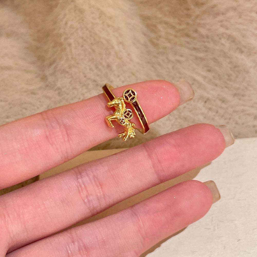 Fashion Design Good Luck Zodiac Horse Ring Cartoon Red Style New Year Rings Adjustable Shiny Opening Ring Women Men