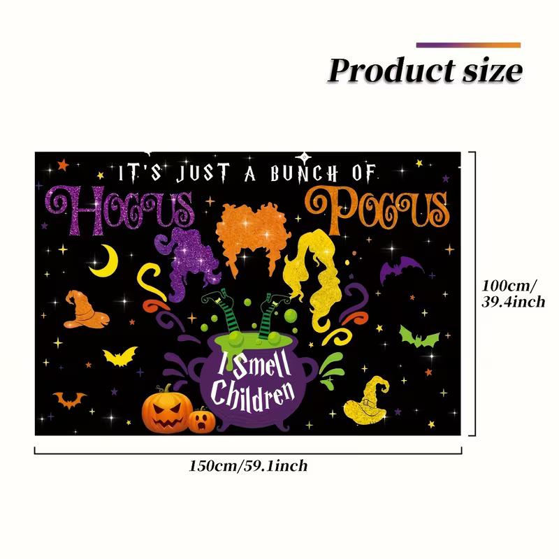 2D Sanderson Sisters Witch Banner featuring the iconic quote "I Smell Children", glitter text, bats and spooky elements