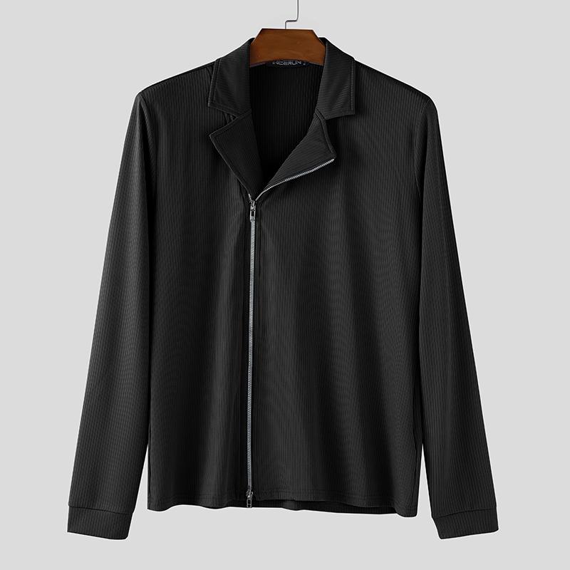INCERUN Men Lapel Neck Long Sleeve Side Zip-up Casual Fitted Rib Pullovers Undershirts