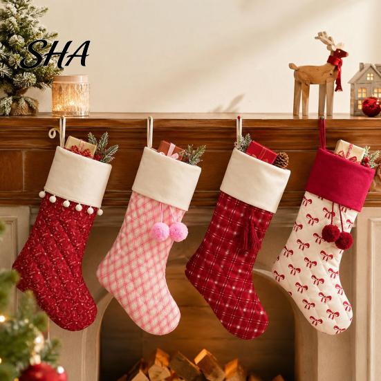 Decorative Stocking Sets Christmas Stockings, 18 x 10 Inch Large Quilted Hanging Rustic Xmas Gift Bags for Fireplace Indoor Holiday Party Decor