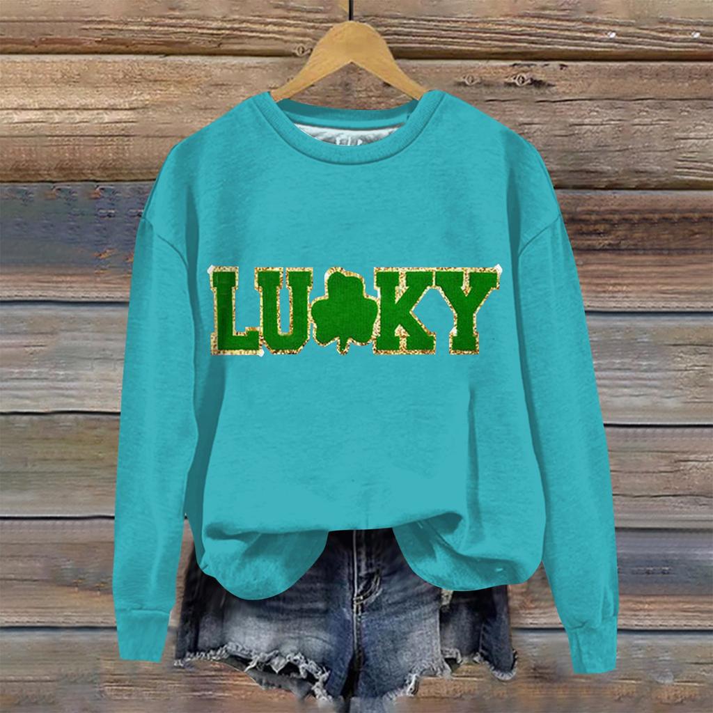 Women's Loose Casual St. Patrick's Day Printed Round Neck Long Sleeved Sweatshirt, Fashionable Long Sleeved Top