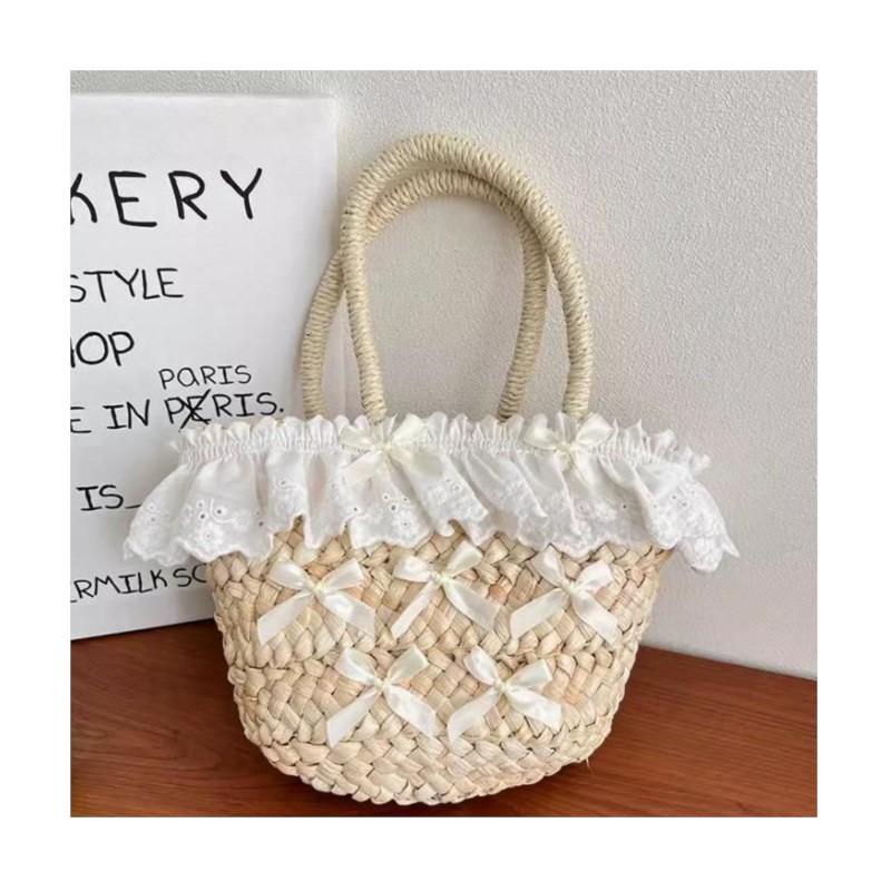 Праздничная милая соломенная пляжная сумка женская винтажная ручка кружевной бант шикарная ручная сумка женская эстетическая плетеная сумка в стиле Харадзюку