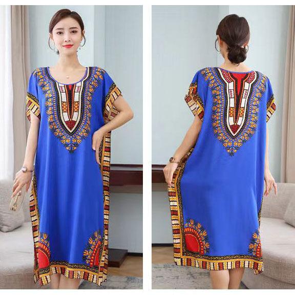 Летнее платье из хлопка и шелка. Прохладное и удобное платье средней длины с принтом. Свободное повседневное женское платье в этническом стиле с короткими рукавами.