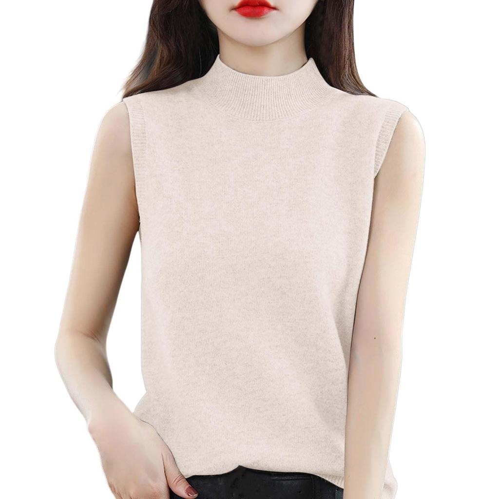 Women's Fashion Vest Base Sleeveless Solid Color Loose Knit Semi-turtleneck Top