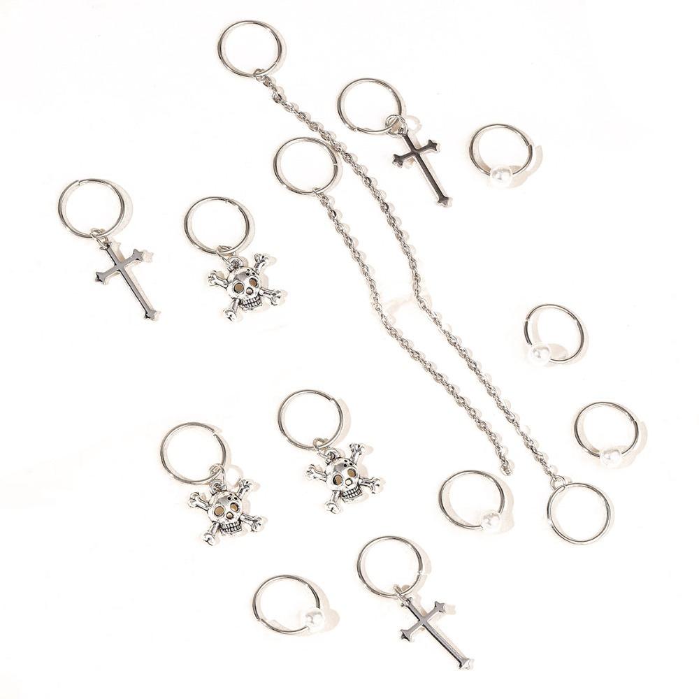 13pcs Cross Skull Dreadlocks Beads Metal Cuff Clips Hair Braid Tubes Mixed Hair Rings Set Men