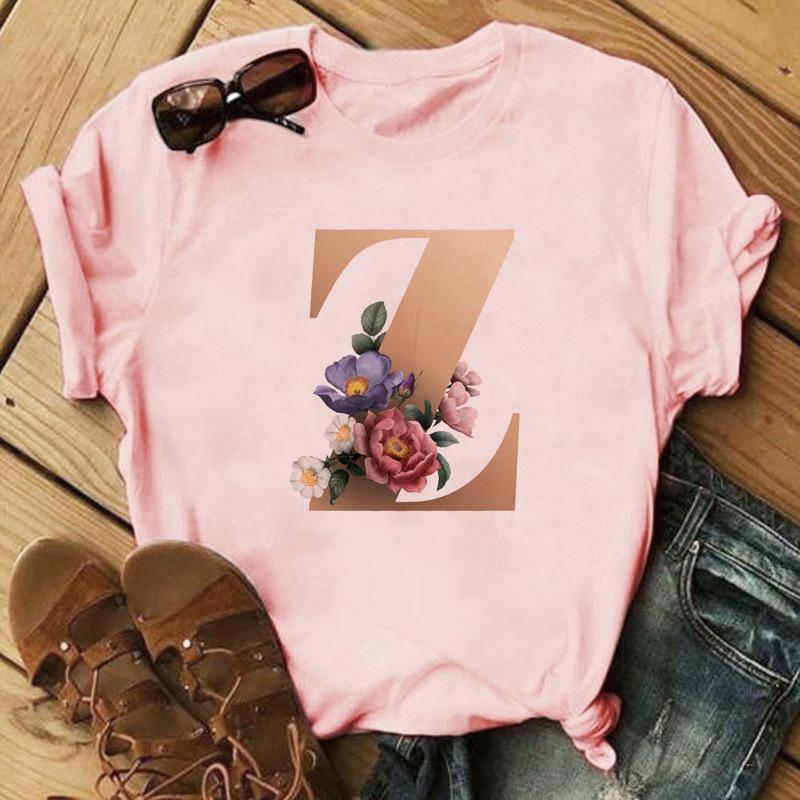 Stylish Gold 26 Letter Floral Print T-shirt Black Oversized for Men And Women Summer Polyester Fabric T-Shirt