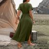 Women's Summer Fashion Sexy Comfortable Wrap Waist Maxi Dress V Neck Side Slit Casual Dress A-Line Long Short Sleeve Solid Color Dress