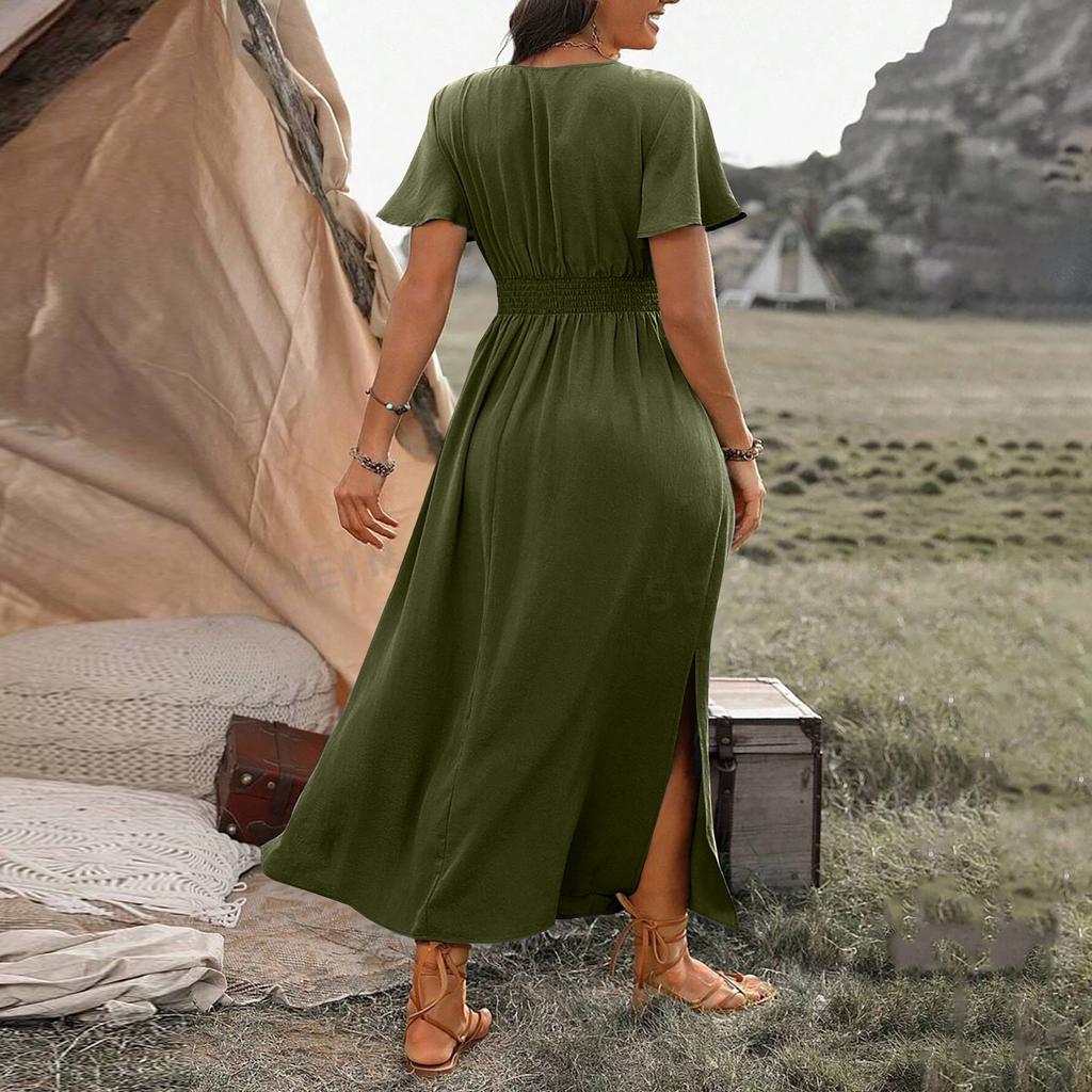 Women's Summer Fashion Sexy Comfortable Wrap Waist Maxi Dress V Neck Side Slit Casual Dress A-Line Long Short Sleeve Solid Color Dress