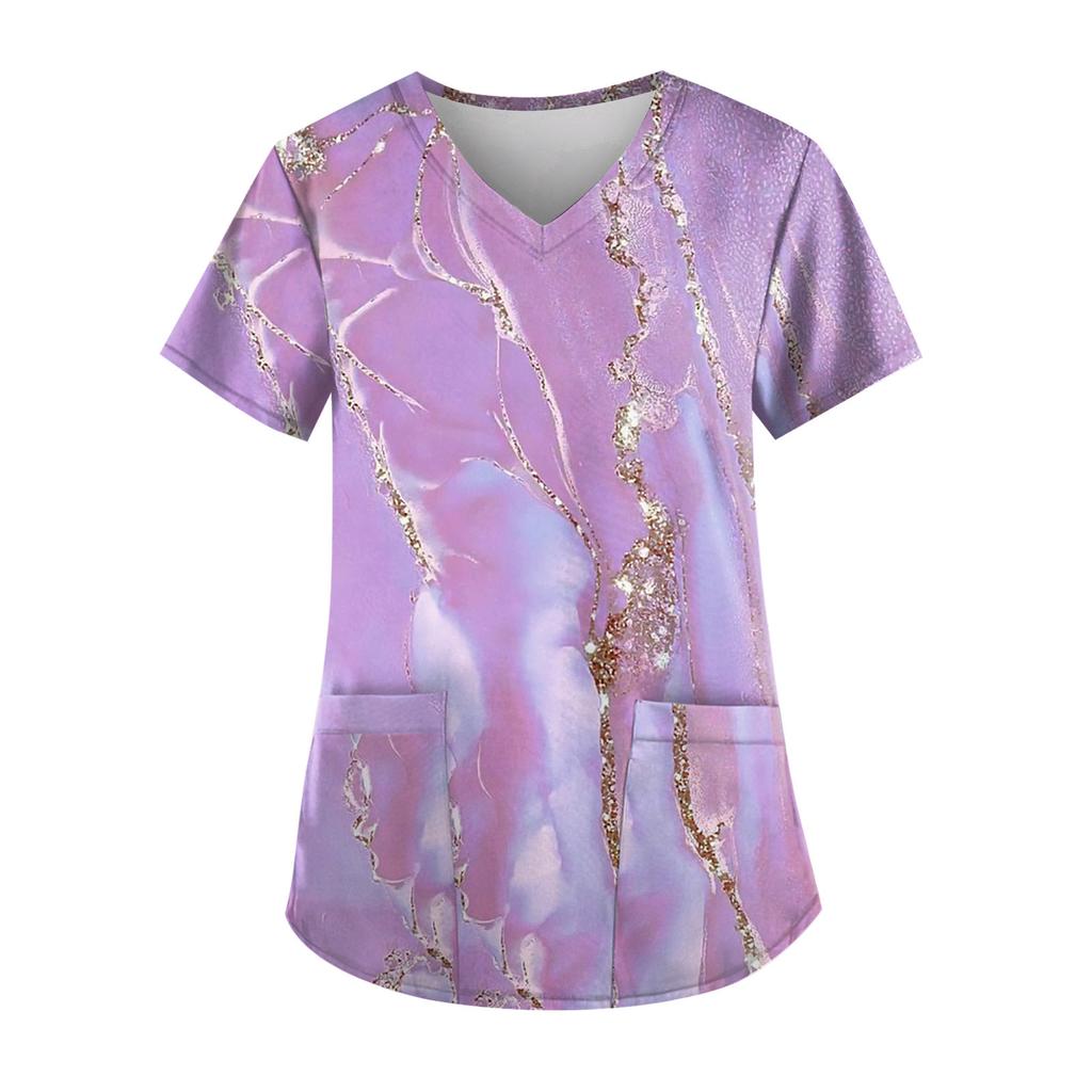 Рабочая форма больших размеров с принтом, топы для женщин, футболки с v-образным вырезом и короткими рукавами, рабочая одежда, футболка с карманами