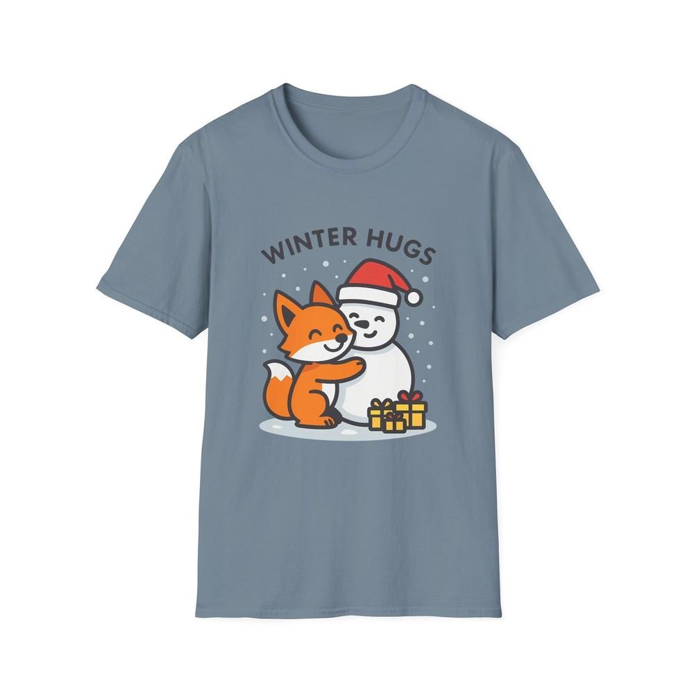 Unisex Softstyle T-Shirt Fox Hugs Snowman Snow Winter Holiday Christmas