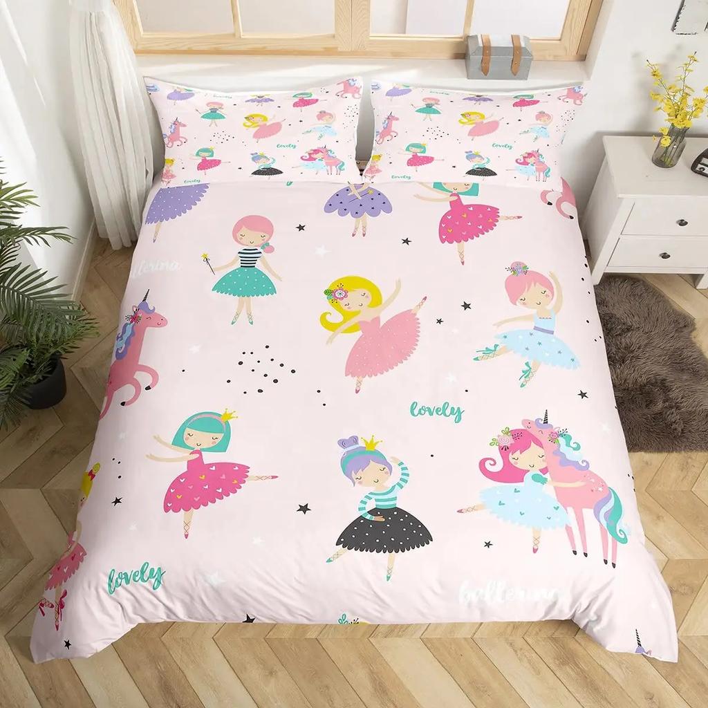 Ballet Girl Duvet Cover Set King Size Pink Lovely Little Ballerinas Bedding Set Kids Girls Princess Soft Polyester Quilt Cover
