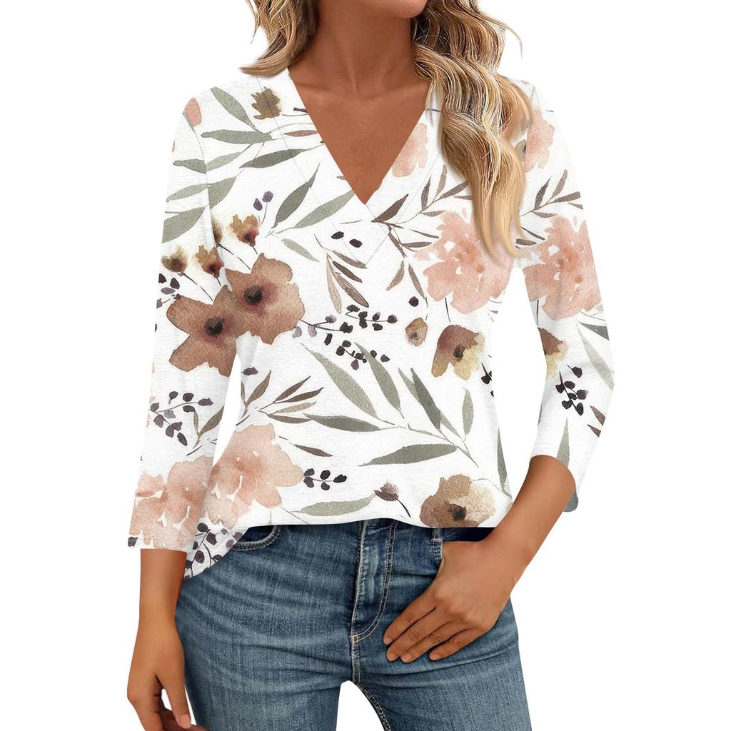 Женские рубашки с рукавом 3/4, топы с принтом и V-образным вырезом, повседневные топы, базовые футболки, блузки, свободные топы