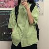Yaponiyalik Harajuku Kletkali Ko'ylak Katta O'lchamdagi Ayollar Bluzkasi Qisqa Yengli Koreyscha Uslubdagi Yashil Top Ayollar uchun Preppy Estetik Moda