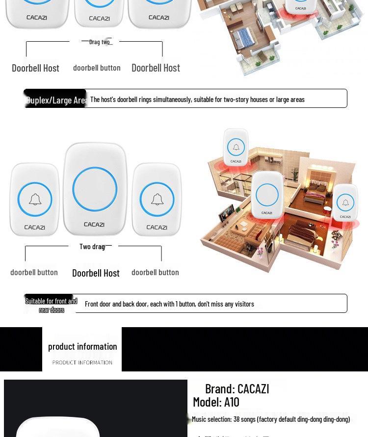 A10 Европейский и Британский Стандарт Беспроводной Умный Дверной Звонок и Музыкальный Пейджер для Пожилых с Большим Радиусом Действия