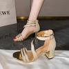 Модные женские сандалии лето новые каблуки повседневная обувь женщины открытый носок лето золотая обувь квадратный женский ремешок на щиколотке низкий каблук сандалии женщина