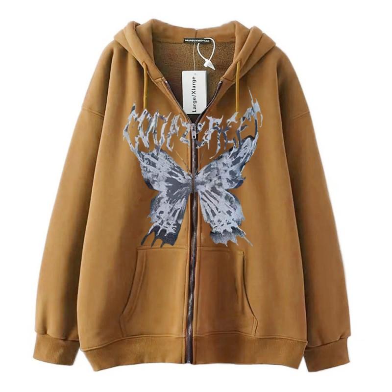 Mens Hooded Zip-Up Sweatshirt With Butterfly Print Gothic Style Loose Fit Winter Casual Wear