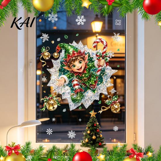 Indoor Outdoor Festive Signs 2Pcs Stained Glass Style Christmas Window Clings, Double?Sided Printed Xmas Static Holiday Party Decor Supplies Decals,