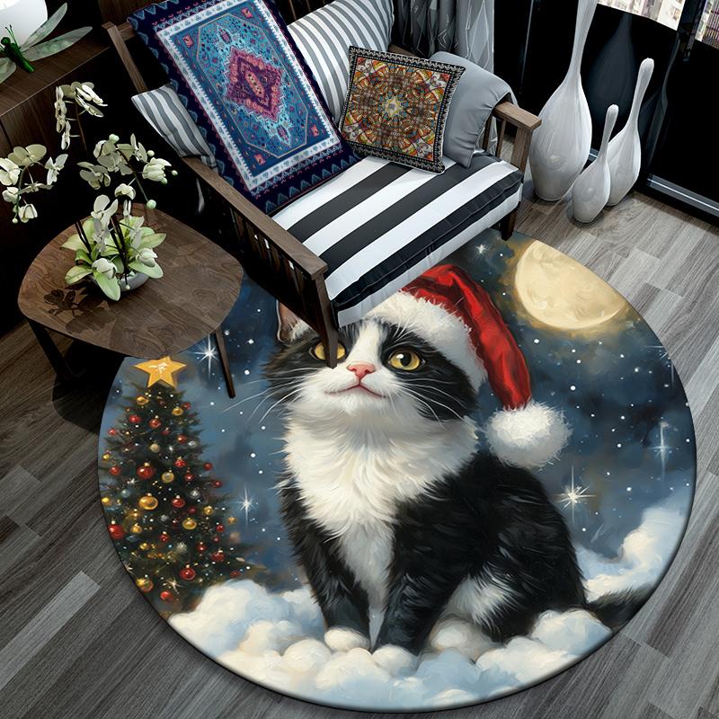 Christmas cat pattern round rug,Carpet Rug for Living Room Bedroom Playroom ,Non-slip Floor Mat,Holiday Gifts and Birthday Gifts.