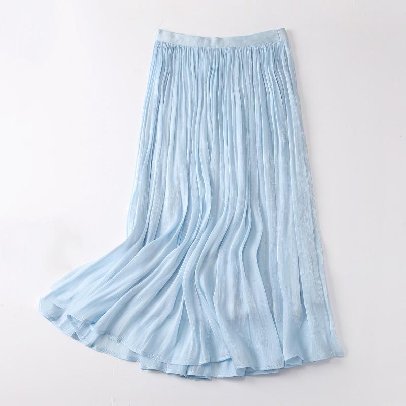 Qooth Women Gentle Solid Color Pleated Skirt Casual Elastic Waist Colorful A-line Skirt For Spring Summer QT2416
