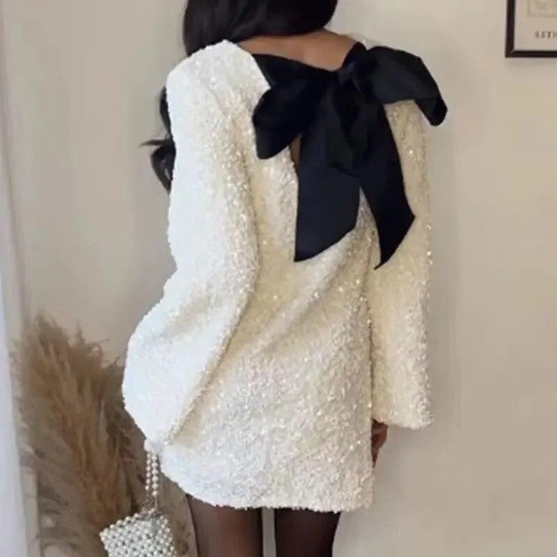 2024 Sexy Backless Sequin Lace Up Bow Fashion Women Dresses Party Club Evening Banquet Robe O-Neck Long Sleeve Dress 30499