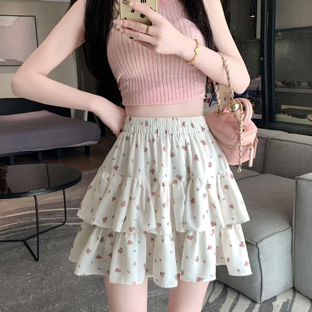Women Pleated A-line Skirts White Ruffles Sweet Hottie Elastic Waist Slim Thin Simple Casual Summer Cake Skirt